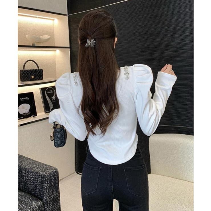 スクエアネックパワショルビジュ付きブラウス 韓国ファッション ハイウエスト | aimoha  | 詳細画像3 