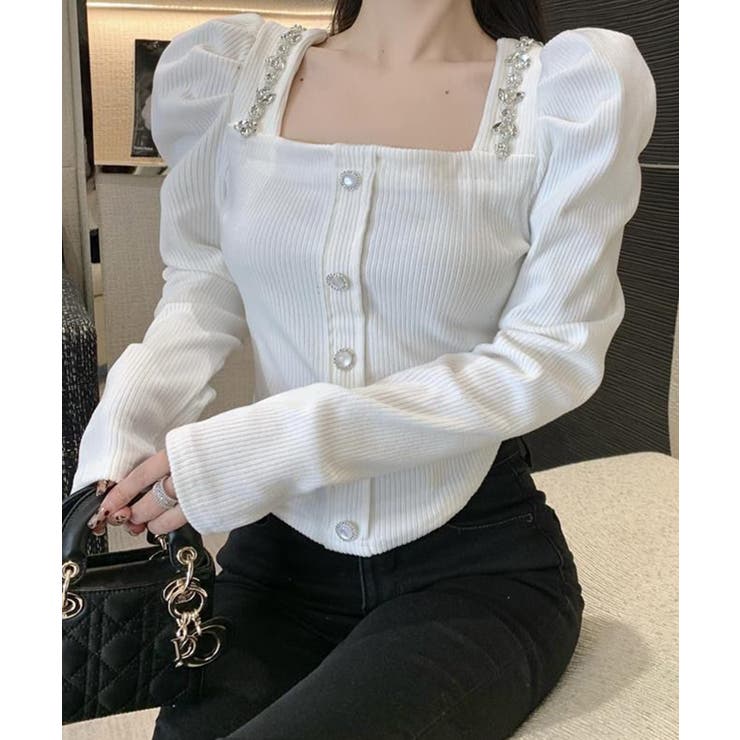 スクエアネックパワショルビジュ付きブラウス 韓国ファッション ハイウエスト | aimoha  | 詳細画像2 