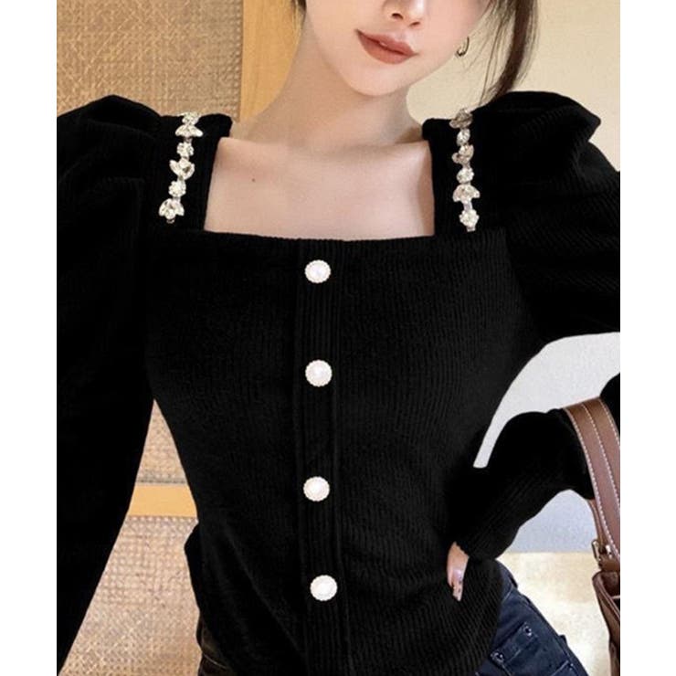 ブラック | スクエアネックパワショルビジュ付きブラウス 韓国ファッション ハイウエスト | aimoha 