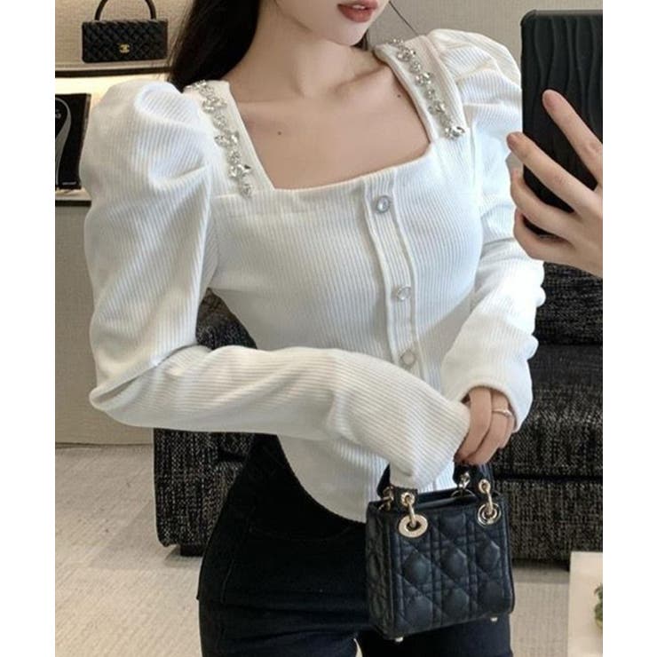 ホワイト | スクエアネックパワショルビジュ付きブラウス 韓国ファッション ハイウエスト | aimoha 