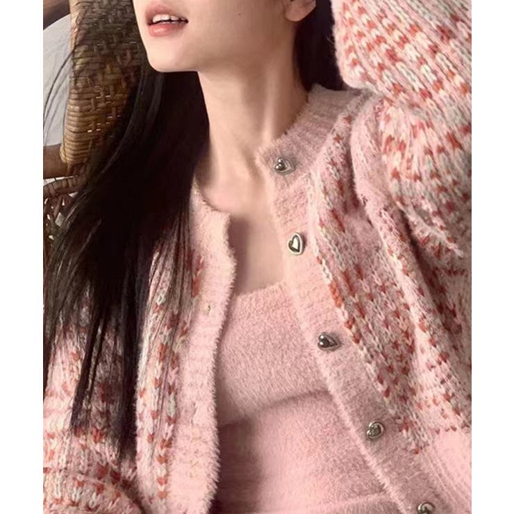 フワフワアンサンブルハートボタンカーディガン セットアップ 韓国ファッション | aimoha  | 詳細画像1 