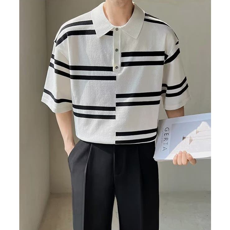 aimoha mens半袖ボーダー サマーニットポロシャツ | aimoha men | 詳細画像1 