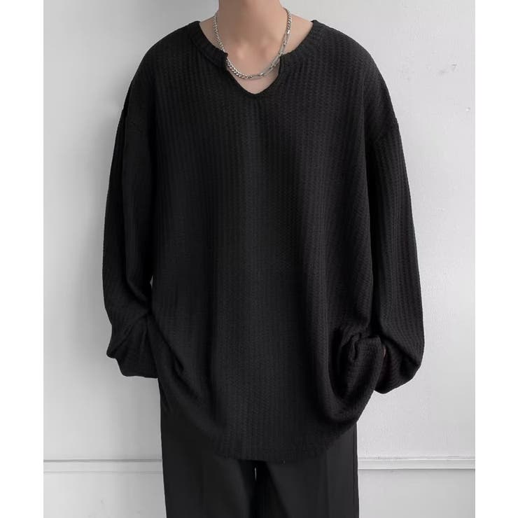 モード系VネックロングカットソーTシャツ ロンT[品番