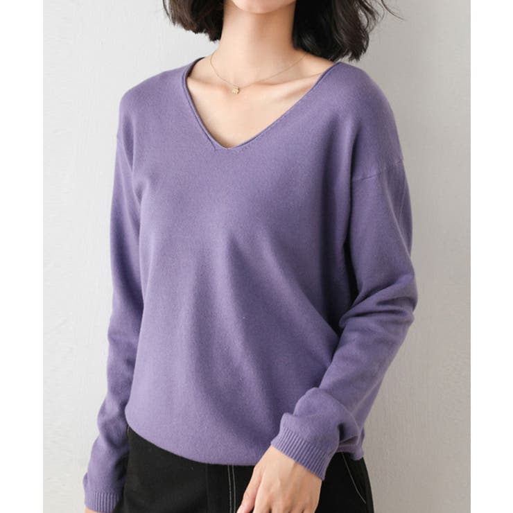 パープル | aimoha -select-/ベーシックVネックニットトップス【AW】 | aimoha 