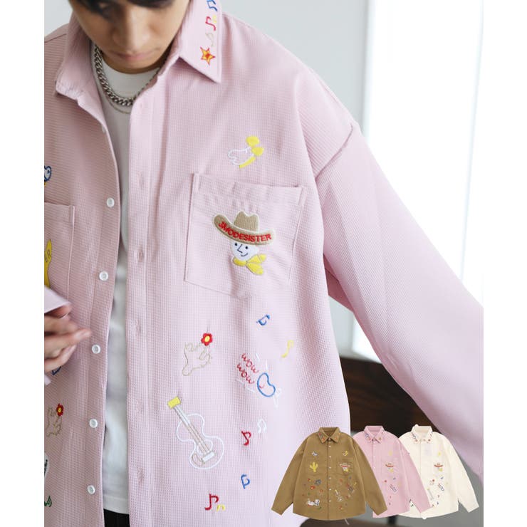 【HOOK】レトロ調ワンポイント刺繍長袖シャツ