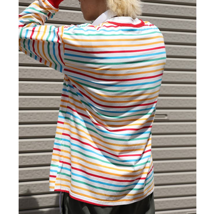 溶けるハート刺繍カラフルボーダー長袖tシャツ[品番