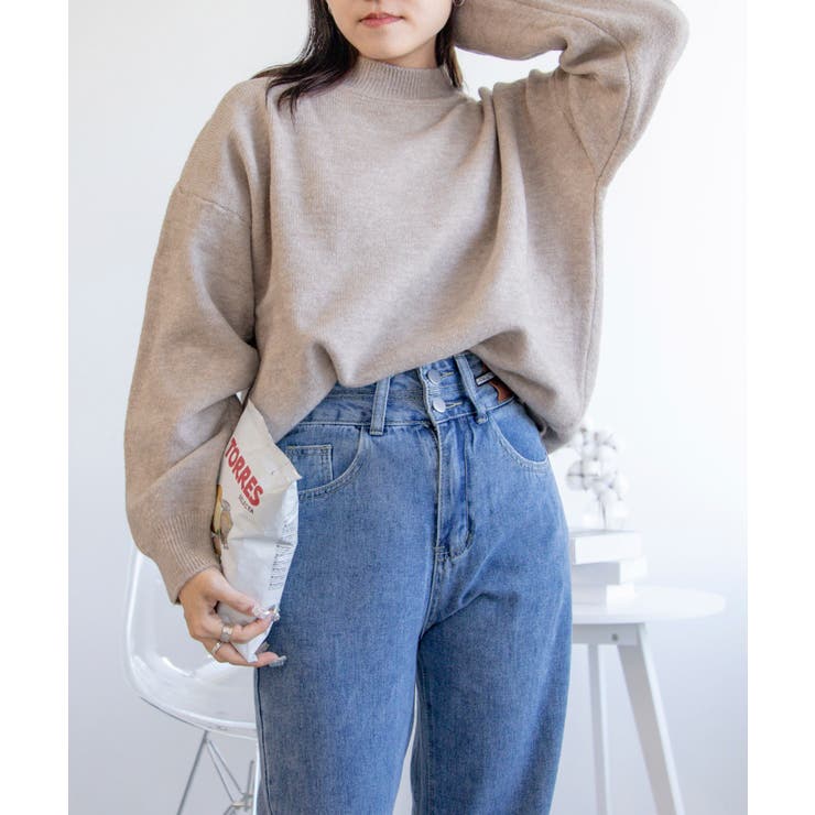 ベージュ | ハイネックオーバーニット 韓国ファッション | aimoha 