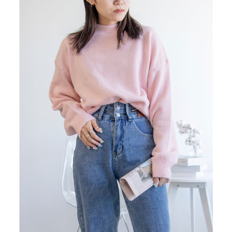 ピンク | ハイネックオーバーニット 韓国ファッション | aimoha 