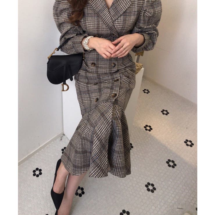 【Jasmine】チェック柄パワショルマーメイドワンピース Jasmine Gr… | aimoha  | 詳細画像3 