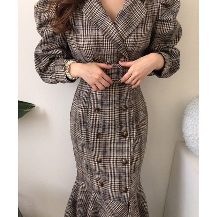 【Jasmine】チェック柄パワショルマーメイドワンピース Jasmine Gr… | aimoha  | 詳細画像7 