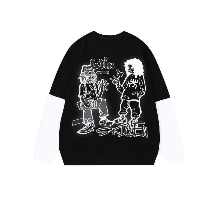 ブラック | 【HOOK】ストリートプリント袖バイカラー切り替えTEE | HOOK