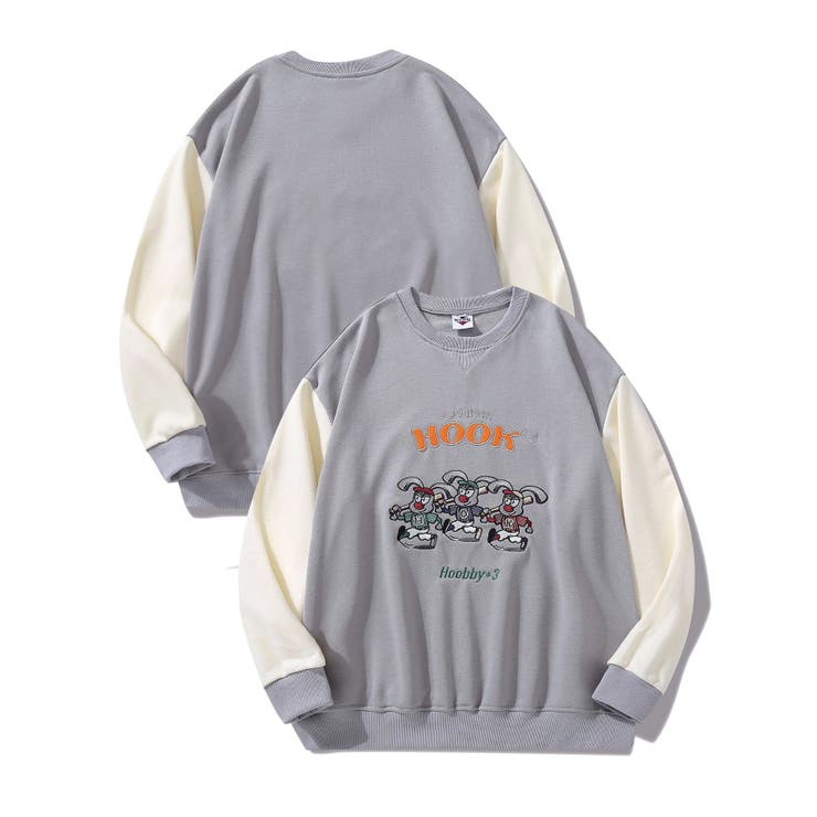 グレー | アメカジカートゥーンキャラクター刺繍袖配色スウェット | HOOK