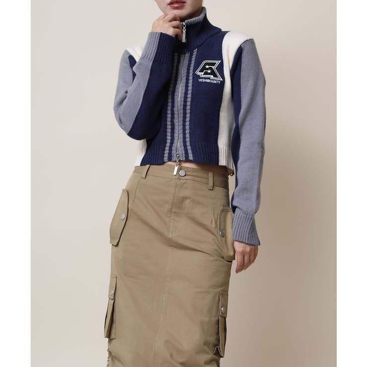 ニット セーター 「HOOK」for girls レーシング風切り替えブルゾンニット　ショット丈 レディース HOOK】for girls レーシング風切り替えブルゾンニット ショット
