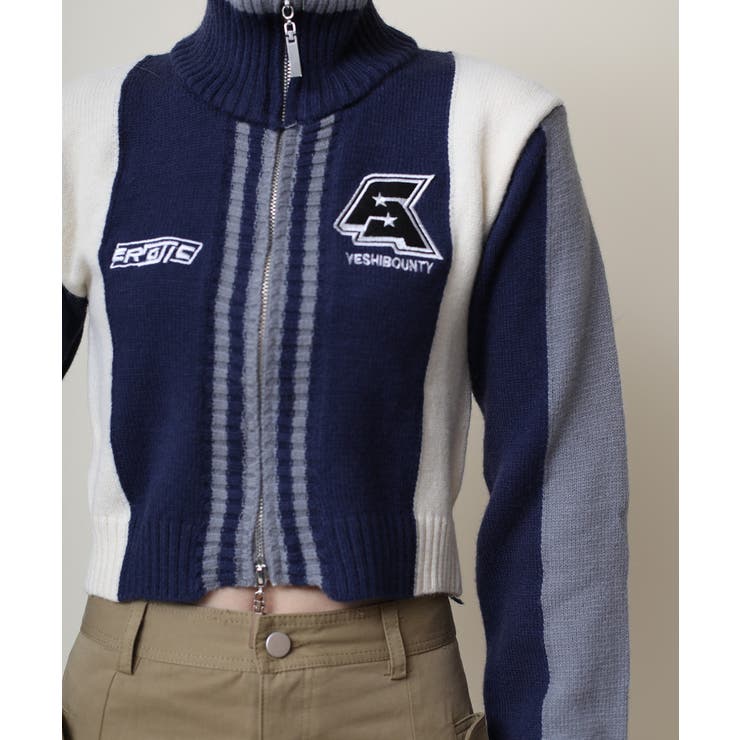 ニット セーター 「HOOK」for girls レーシング風切り替えブルゾンニット　ショット丈 レディース HOOK】for girls レーシング風切り替えブルゾンニット ショット