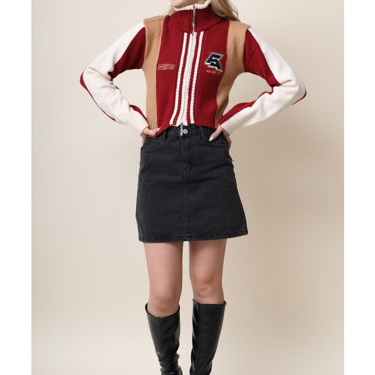 ニット セーター 「HOOK」for girls レーシング風切り替えブルゾンニット　ショット丈 レディース HOOK】for girls レーシング風切り替えブルゾンニット ショット