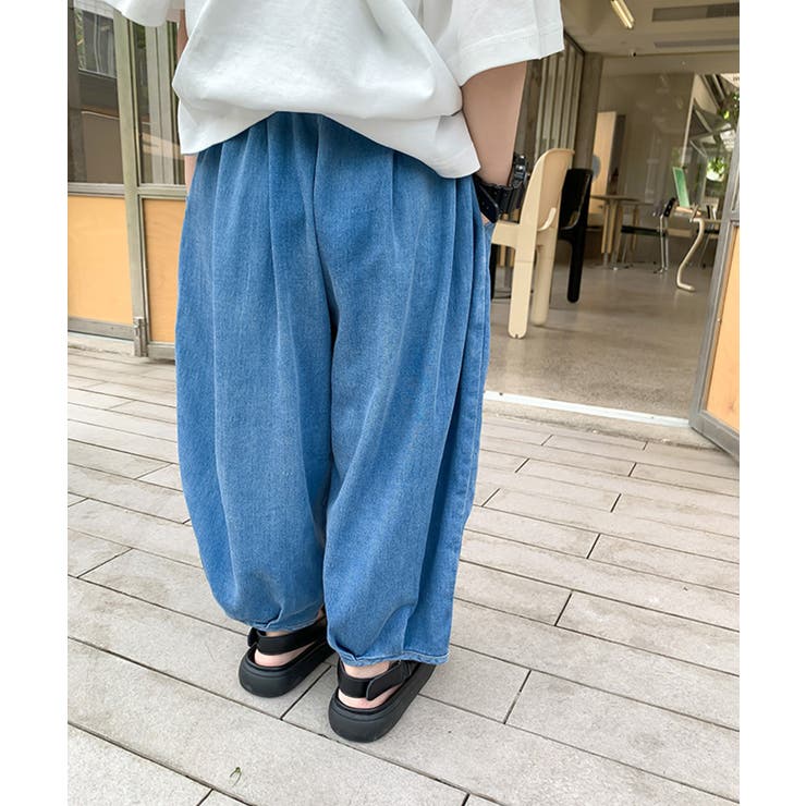 aimoha-KIDS- 韓国子供服 薄手デニムタックビッグシルエットパンツ