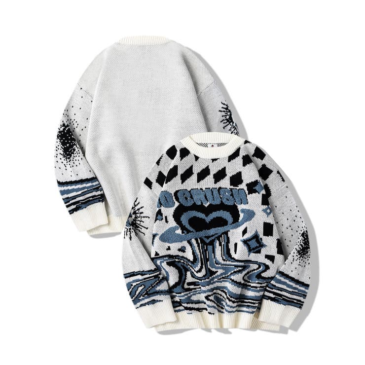 ホワイト | HOOK  original レトロ調溶けるハート配色ニットプルオーバー | HOOK