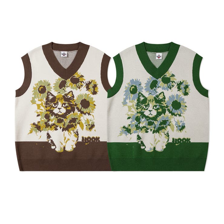 HOOK -original- かわいいネコとひまわりニットベスト | HOOK | 詳細画像1 