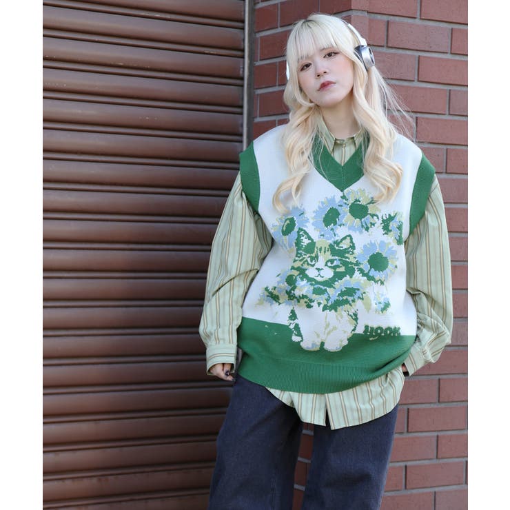 HOOK -original- かわいいネコとひまわりニットベスト | HOOK | 詳細画像6 