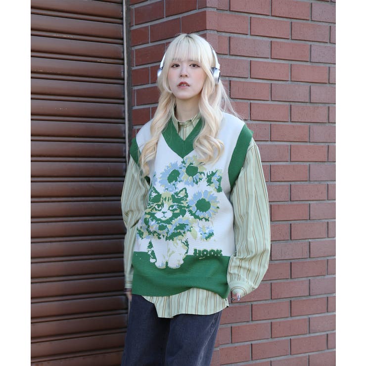 HOOK -original- かわいいネコとひまわりニットベスト | HOOK | 詳細画像8 