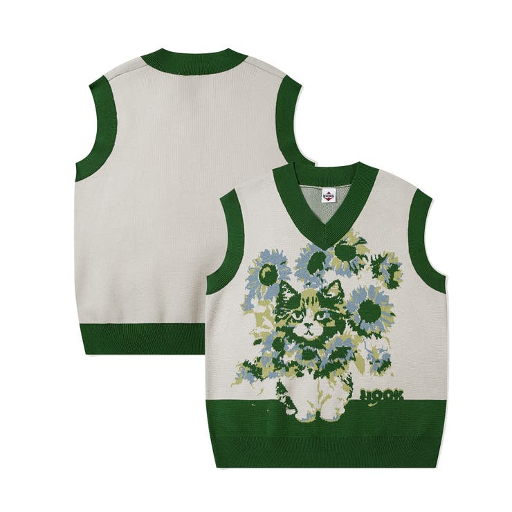 グリーン | HOOK -original- かわいいネコとひまわりニットベスト | HOOK