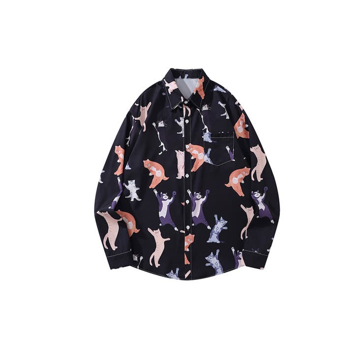 ブラック | 【HOOK】かわいい動物イラスト総柄プリントシャツ | HOOK