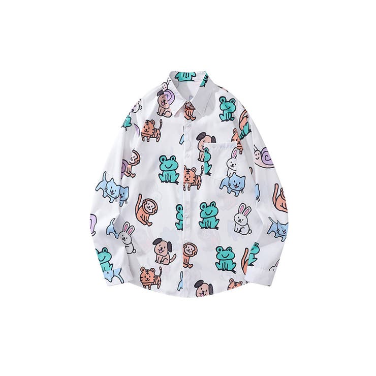 ホワイト | 【HOOK】かわいい動物イラスト総柄プリントシャツ | HOOK