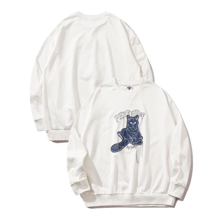 ホワイト | HOOK -original- かわいいネコパッチワーク刺繍フリンジスウェット | HOOK