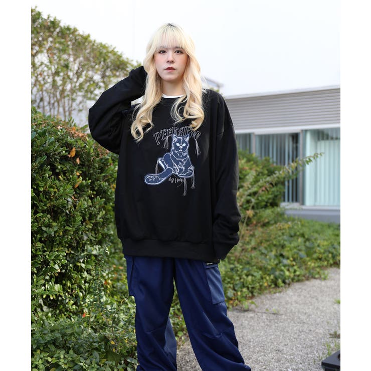 HOOK -original- かわいいネコパッチワーク刺繍フリンジスウェット | HOOK | 詳細画像10 