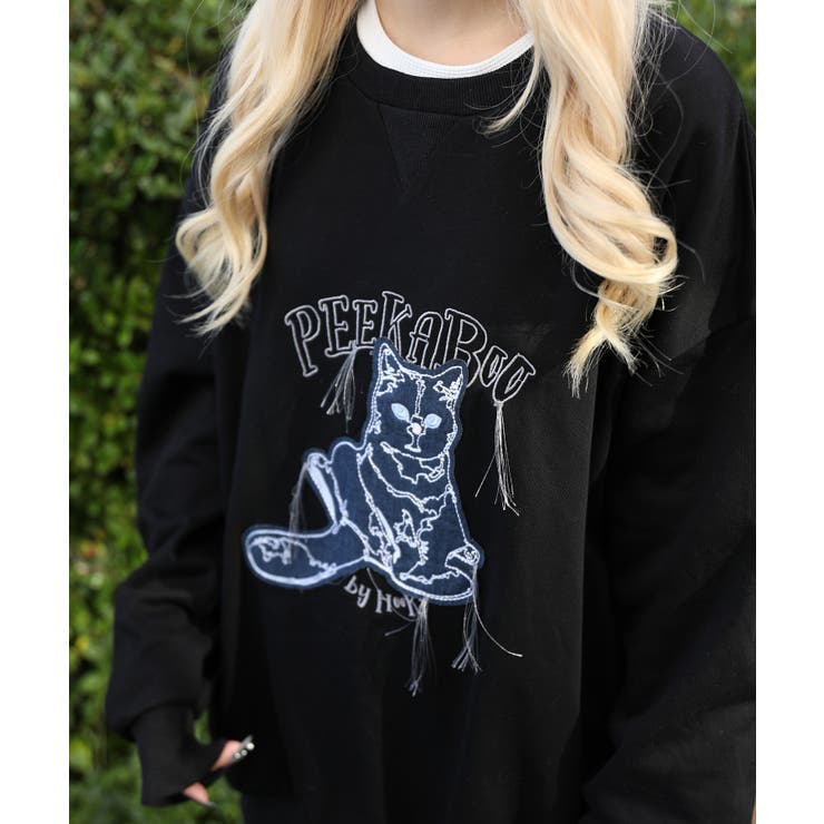 HOOK -original- かわいいネコパッチワーク刺繍フリンジスウェット | HOOK | 詳細画像12 