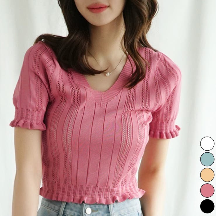 Vネックレース編みシアー半袖トップス Jasmine Grandiflorum | aimoha  | 詳細画像24 