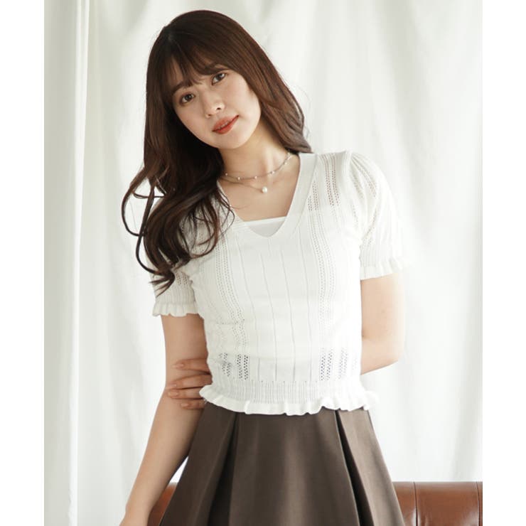ホワイト | Vネックレース編みシアー半袖トップス Jasmine Grandiflorum | aimoha 