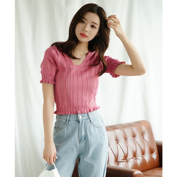 Vネックレース編みシアー半袖トップス Jasmine Grandiflorum | aimoha  | 詳細画像6 