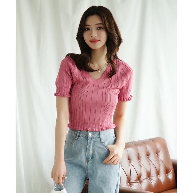 Vネックレース編みシアー半袖トップス Jasmine Grandiflorum | aimoha  | 詳細画像7 