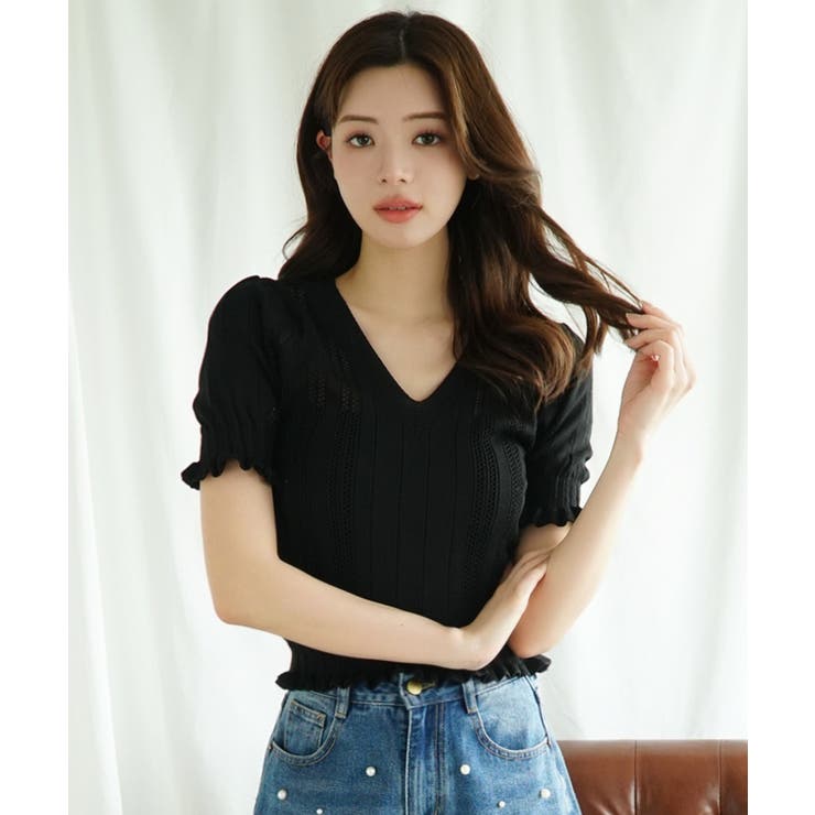 Vネックレース編みシアー半袖トップス Jasmine Grandiflorum | aimoha  | 詳細画像2 