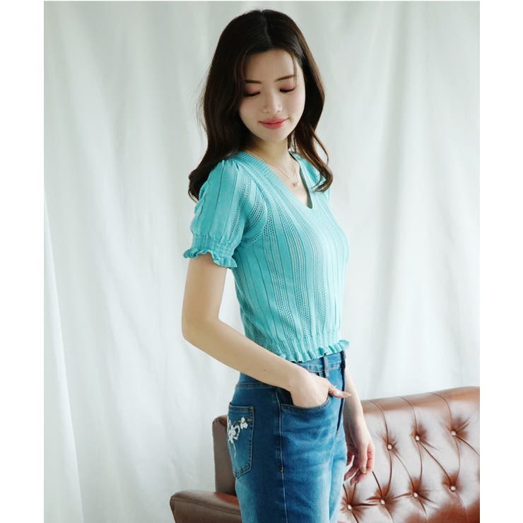 Vネックレース編みシアー半袖トップス Jasmine Grandiflorum | aimoha  | 詳細画像13 