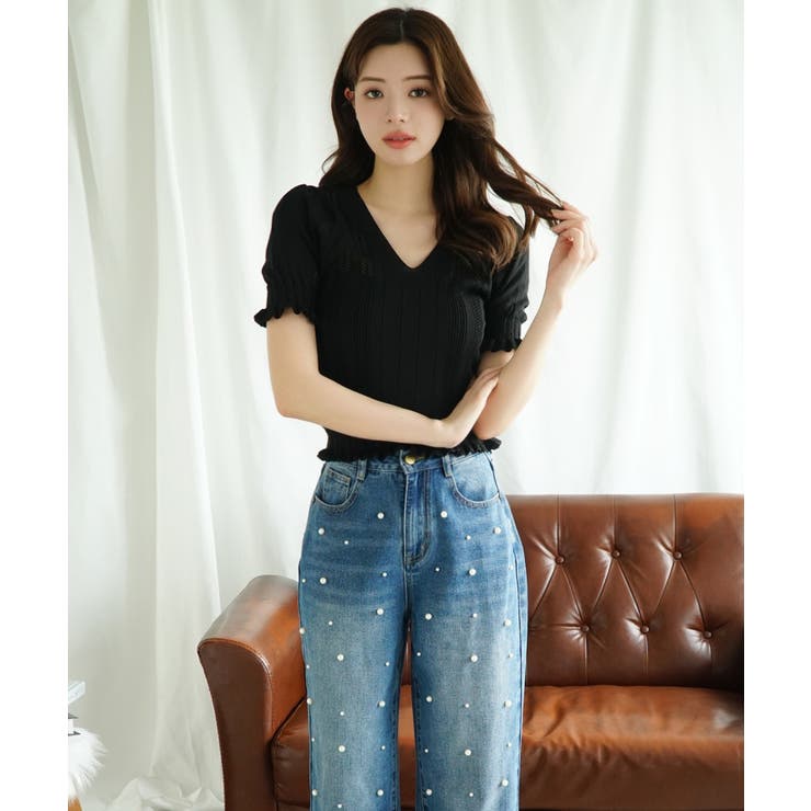 Vネックレース編みシアー半袖トップス Jasmine Grandiflorum | aimoha  | 詳細画像19 