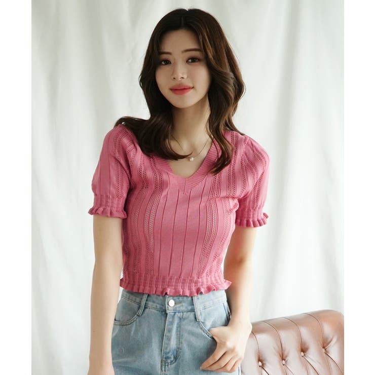 レッド | Vネックレース編みシアー半袖トップス Jasmine Grandiflorum | aimoha 