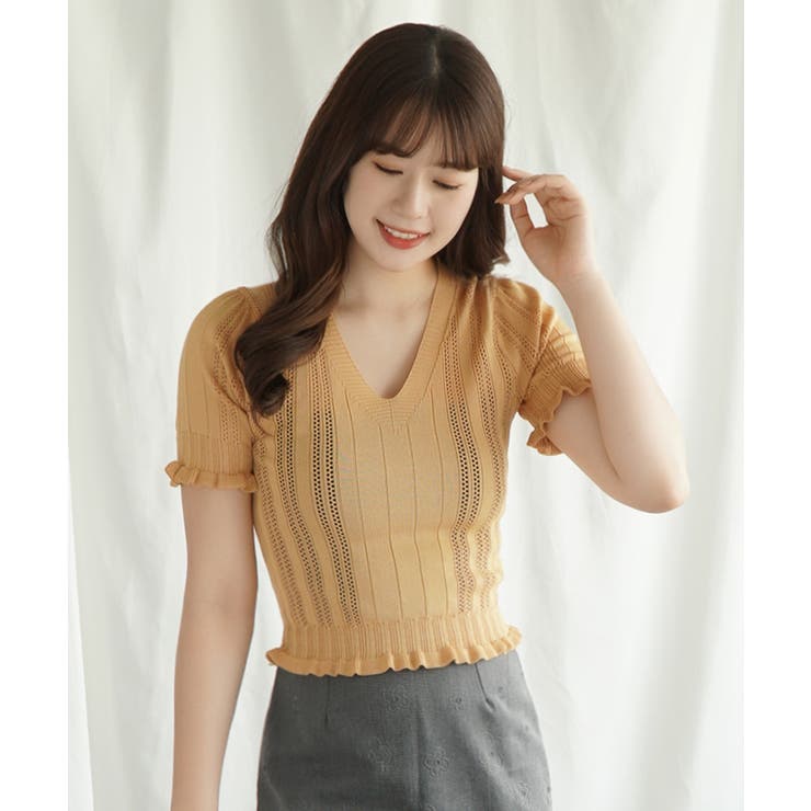 イエロー | Vネックレース編みシアー半袖トップス Jasmine Grandiflorum | aimoha 