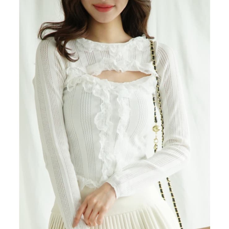 ホワイト | 「Jasmine」胸あきデザインレースフリルトップス Jasmine Grand… | aimoha 