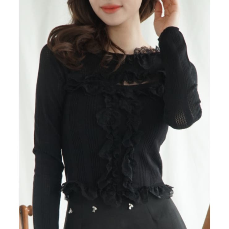 ブラック | 「Jasmine」胸あきデザインレースフリルトップス Jasmine Grand… | aimoha 