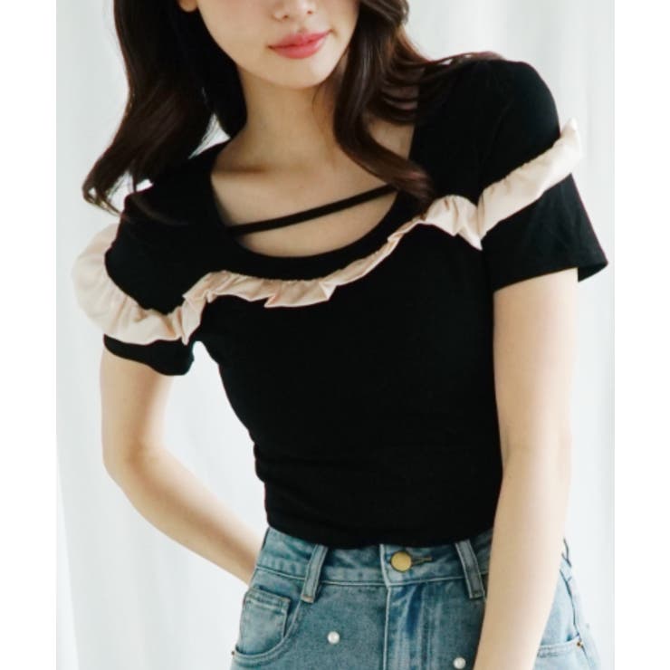 ブラック | 「Jasmine」フリルクロップド丈半袖Tシャツ Jasmine Grandif… | aimoha 