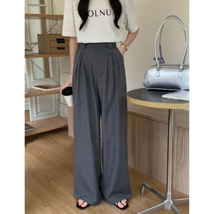 ライトグレー | 【aimoha】ハイウエストデザインタックスラックス ワイドパンツ ロング丈 | aimoha 