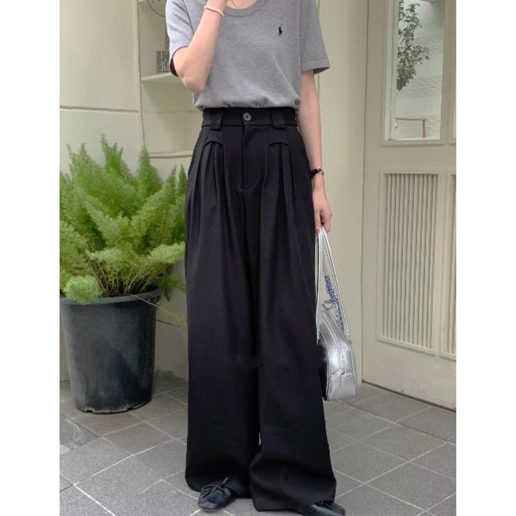 ブラック | 【aimoha】ハイウエストデザインタックスラックス ワイドパンツ ロング丈 | aimoha 