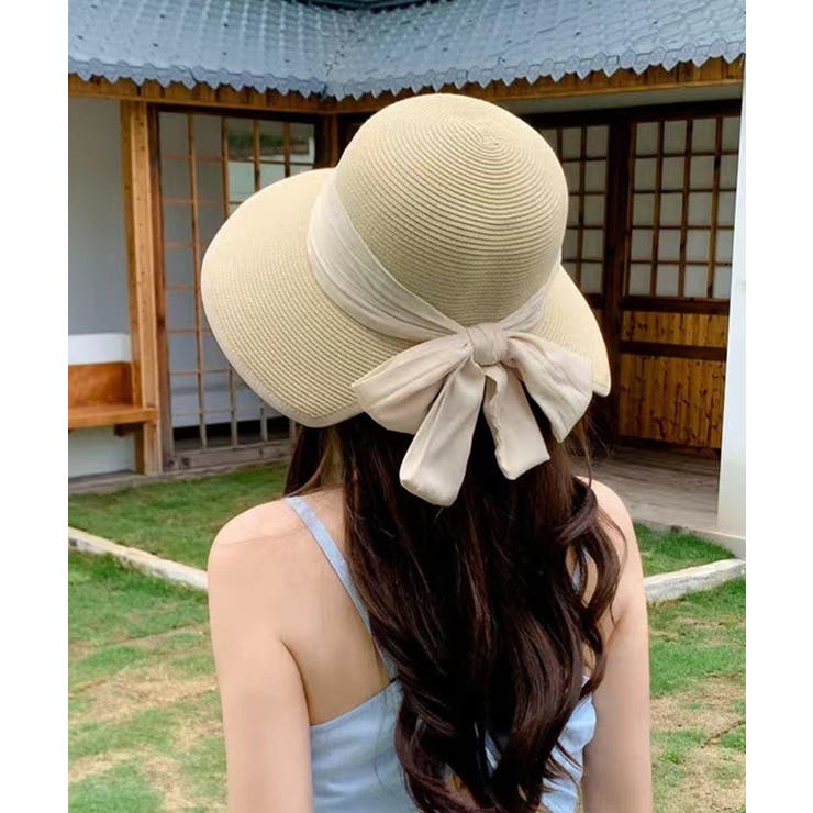 ベージュ 麦わら帽子 リボン付き（カシラ】 天然草ヒノキ
