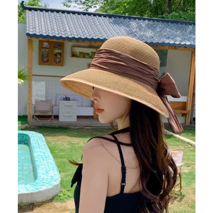 wicagrocery麦わら帽子　リボン付き麦わら帽子 麦わら帽子 ストローハットリボン付き夏帽[品番：II000010786