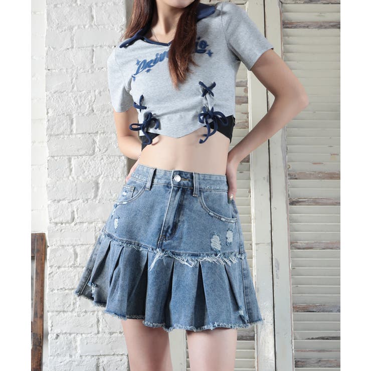 GoToHollywood☆プリーツスカートDENIM&DUNGAREE ミニデニムプリーツスカート ベルト付き[品番：AGCW0004292