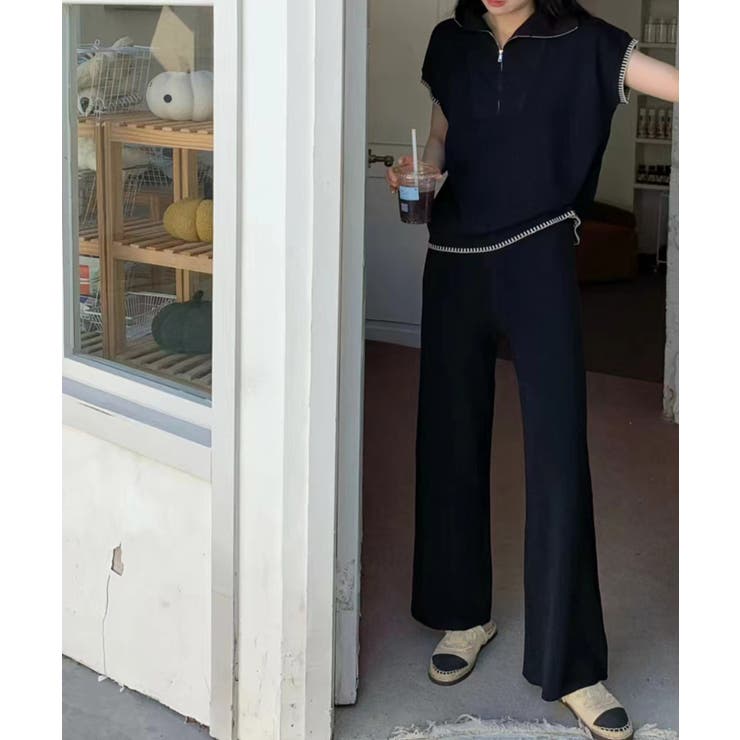 ブラック | Banico ハーフジップフレンチスリーブサマーニット 涼感素材上下セットアップ | aimoha