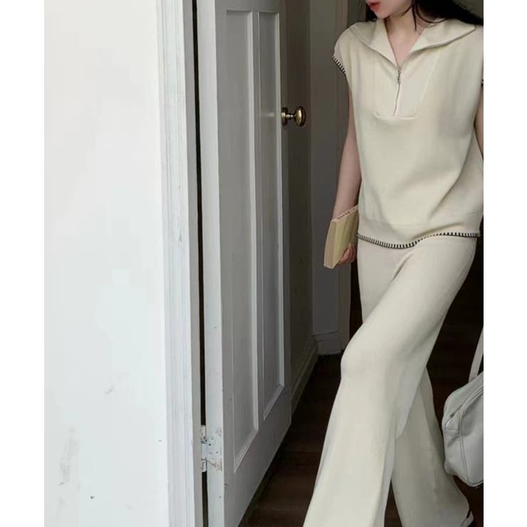 Banico ハーフジップフレンチスリーブサマーニット 涼感素材上下セットアップ | aimoha  | 詳細画像2