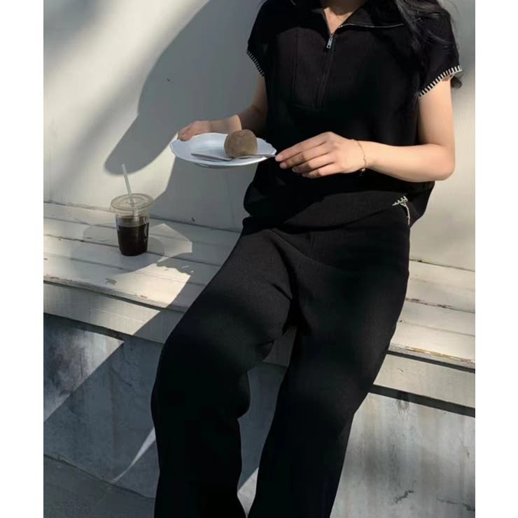 Banico ハーフジップフレンチスリーブサマーニット 涼感素材上下セットアップ | aimoha  | 詳細画像3